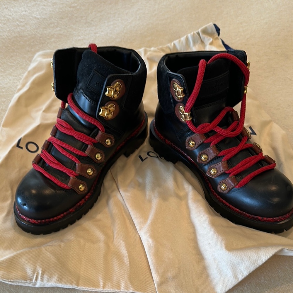 Louis Vuitton Black Ankle Boots with Red Laces and Gold Accents size 36.5